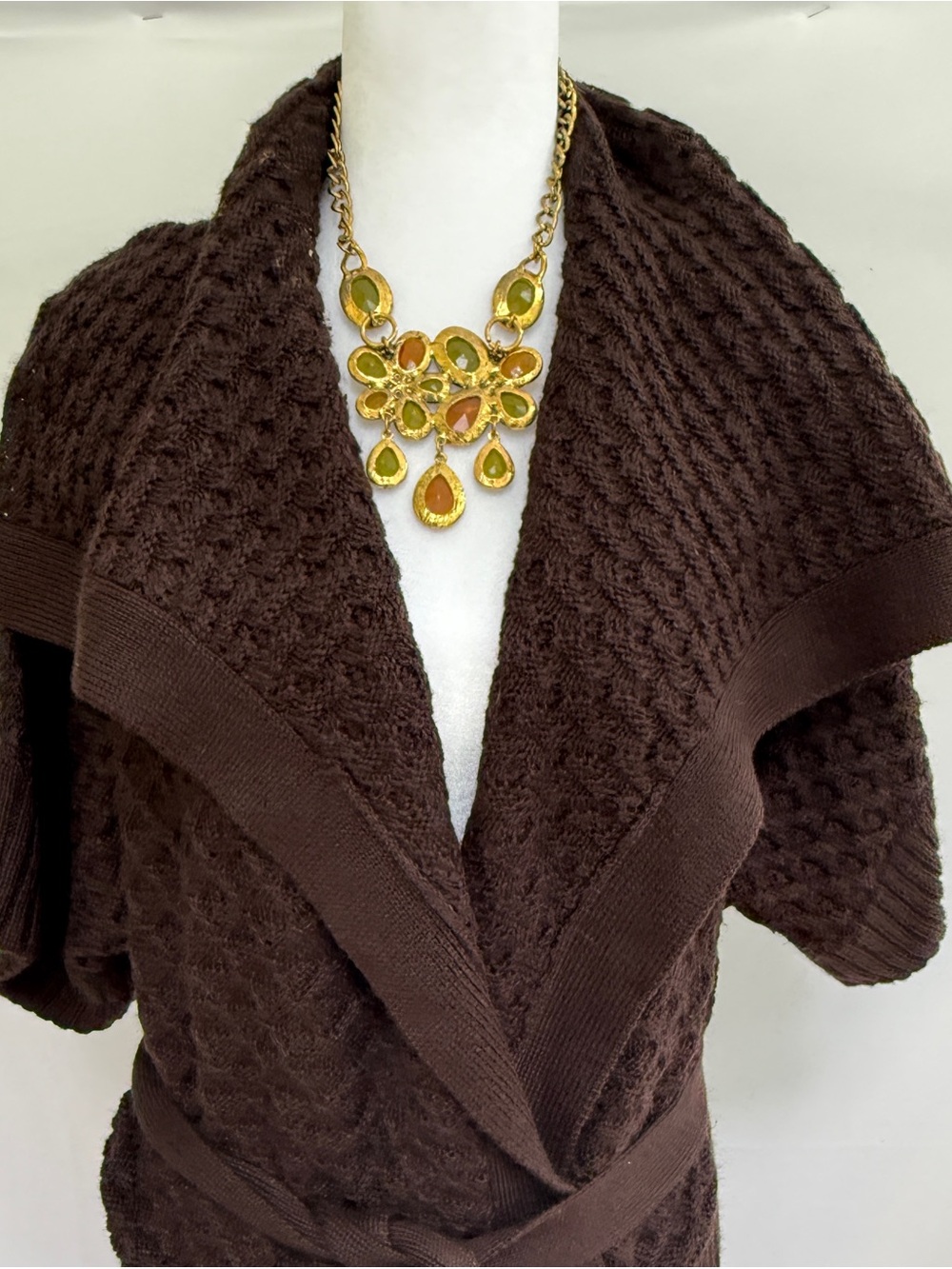 DKNY Brown Open-Front Shawl Collar Knit Cardigan